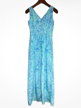 Vineyard Vines 2Q2041 Capri Blue Floral Sleeveless V-Neck Maxi Dress Size 12